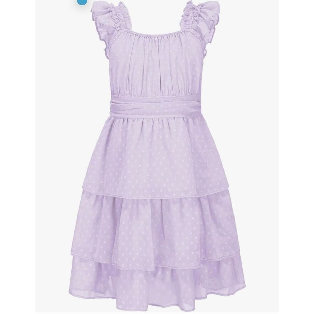 Byinns Girls Square Neck Ruffle Sleeve‎ Swiss Dot. Lavender Dress. Size 6-7yrs.
